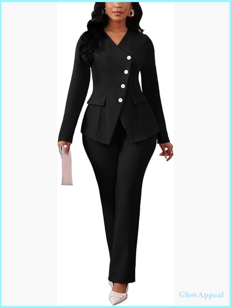 Women's Long Sleeve Blazer & Wide Leg Pants Set 2 Piece Work Outfit